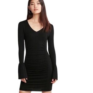 Express V-Neck Bell Sleeve Ruched Sweater Midi Dress Black women Medium